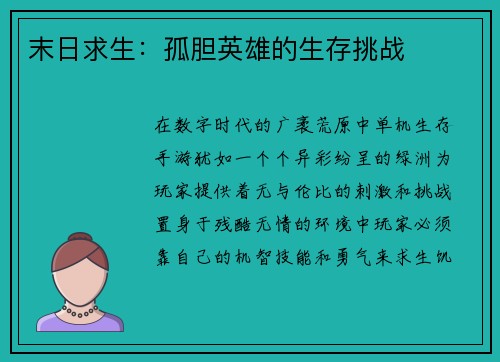 末日求生：孤胆英雄的生存挑战