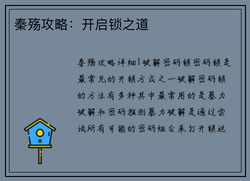 秦殇攻略：开启锁之道